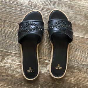 Lane Boots Cossette Woven Espadrille Slide Sandals Size 7.5 Black Leather